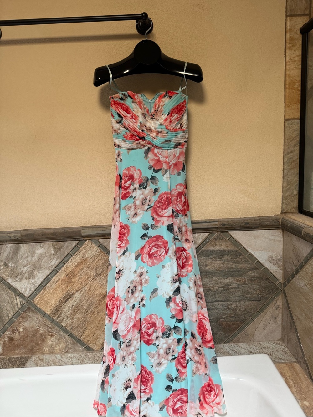 Sequin Hearts Aqua Floral Strapless Maxi Dress with Coral Roses